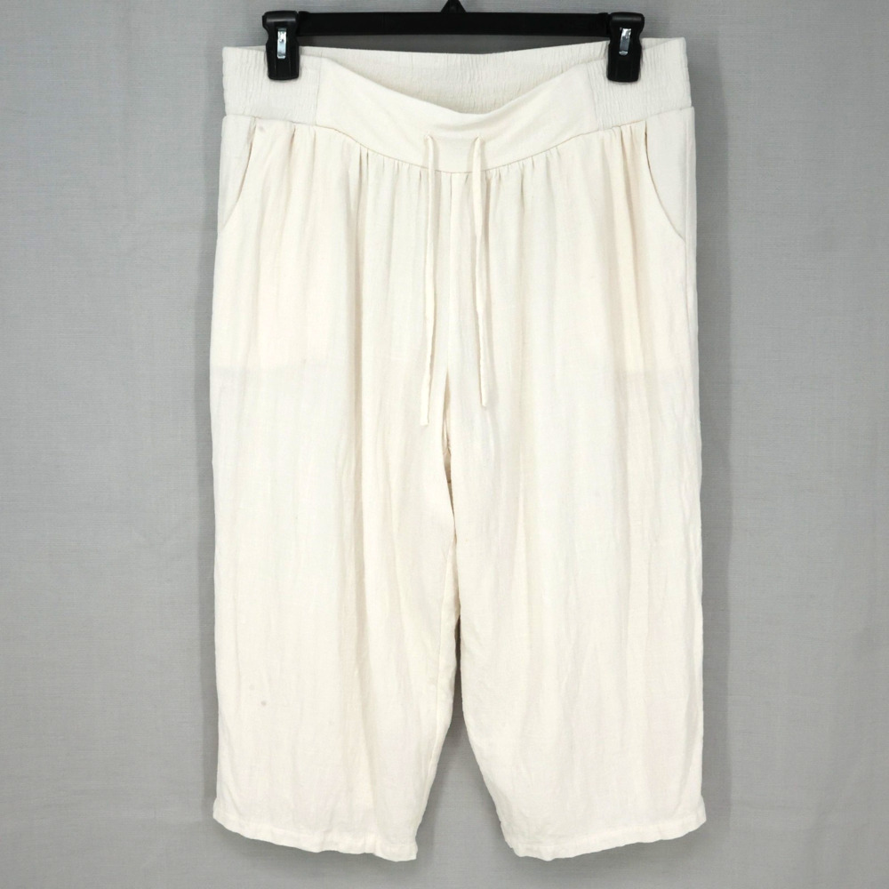 JM Collection Pants Petites PXL Ivory Gauze Linen Blend Capri Lined Drawstring